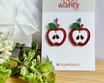 Polymer Clay Earrings, Red Apple, Green Apple, Fruit Earrings, Polymer Clay Lightweight Earrings