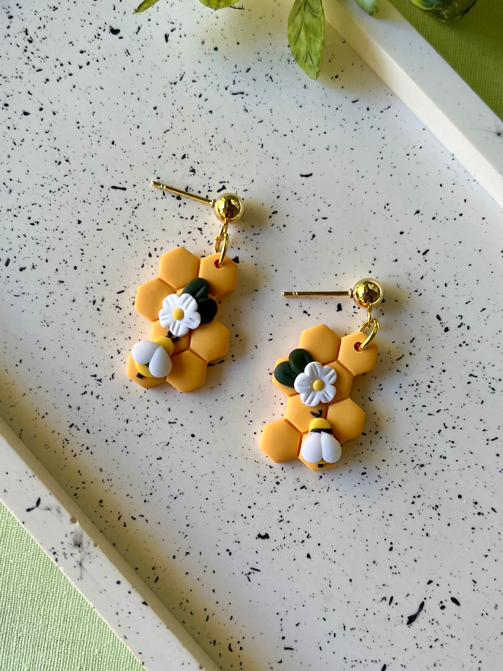 Yellow and Black Handmade Polymer Clay Bee Earrings Valentine's