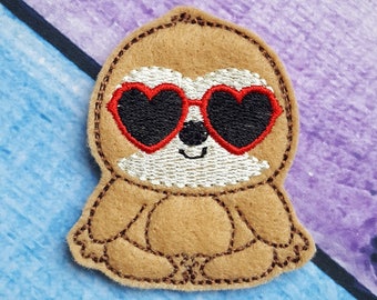 Valentine Sloth Feltie (UNCUT FELTIE) Sloth With Heart Glasses * Felt Embellishments * Felt Applique * Hair Bow Supplies * Valentine Feltie