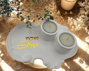 Shabbat Candle Holders White Concrete – Minimalist Judaica, Elegant Hebrew Gold Shabbat Shalom, Jewish Gift| Mikvah gift | bride gift