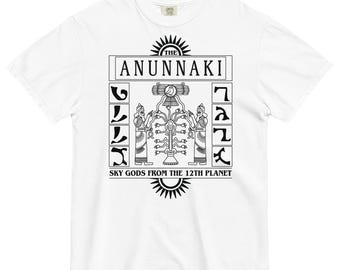 May include: White t-shirt with a black graphic. The design includes the text "THE ANUNNAKI" above an illustration of figures and symbols. Below the illustration is the text "SKY GODS FROM THE 12TH PLANET".