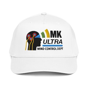May include: A white baseball cap featuring an embroidered graphic of a black silhouette of a human head with three red and blue circular sensors connected by yellow wires. The text reads MK ULTRA MIND CONTROL DEPT in black and blue.