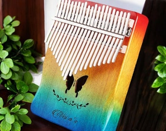 Kalimba arcoíris colorido - Mbira Deze - Piano de pulgar - Piano de dedo - Kalimba de madera - Instrumento africano - Terapia de sonido hecha a mano - Regalo musical de cumpleaños