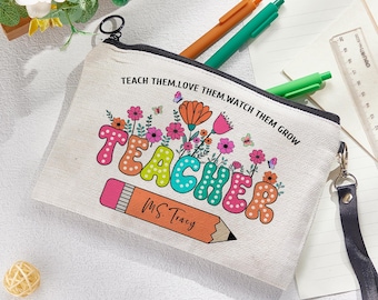 Personalized Flower Pencil Canvas Makeup Bag with Name Appreciation Back to School Gift for Teacher