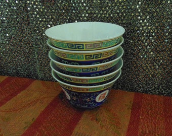 5 Blue Vintage Chinese Longevity Rice Bowls