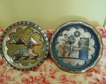 REDUCED! Vintage  Pair of Hand Made Egyptian Revival Large  Brass Stamped and Signed Decorative Plates