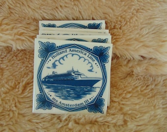 Set of 6 Vintage cork backed Holland America Lines Delft Pottery Souvenir tiles.