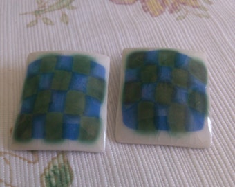 REDUCED! Retro 1980's Blue and Green Checked Ceramic Post Earrings