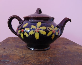 Vintage Brown Betty Redware Floral Teapot