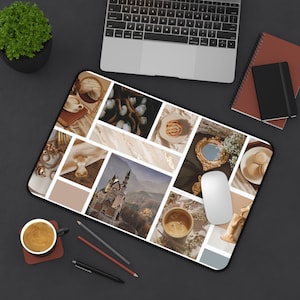 Coffee Mood Board Desk Mat, Vision Board Desk Decor Home Office Accessories Back to School Supplies Gold Vintage Mouse Pad Neutral Aesthetic