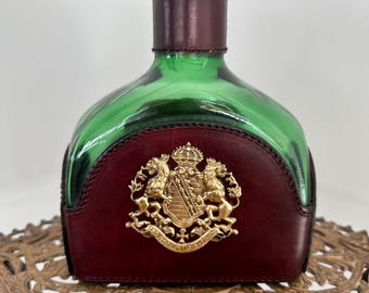 Italian Leather Wrapped Green Glass Decanter with Royal Coat of Arms Plaque
