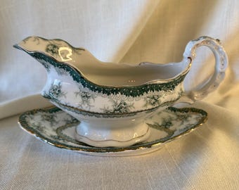 Antique John Maddock & Sons Green Transferware Gravy Boat
