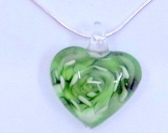 Vintage Green Blown Glass Rose Heart Necklace And Matching Earrings - Sterling Silver