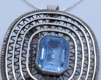 BIG Blue Topaz Handmade Sterling Brooch OR Pendant Necklace - Handmade In Israel - Pin - Pendant - Mid Century - Sterling Chain - Carats