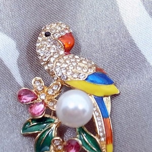 Parrot Brooch - Rhinestones - Enamel Flowers - Big Statement Brooch - Colorful