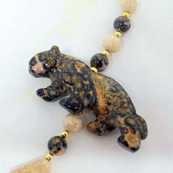 Vintage Leopard Necklace - Stunning Carved Leopard and Ivory Colored Beads with Black and Gold Accents - Long Necklace