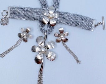 Italian Designer Silver And Pearl Fancy Set - Wedding - Big - Long Dangle Earrings, Bracelet, Necklace - Sterling Pearls - STUNNING Parure