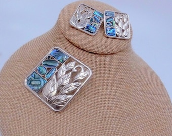 BIG Iridescent Blue and Green Abalone Silver Earrings And Matching Brooch - SQUARE