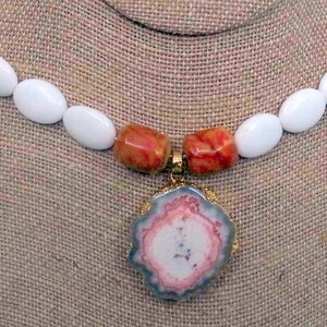 Beaded Necklace With Stone Brutalist Pendant And Carved Coral Accents Long Red And White And Grey image 4