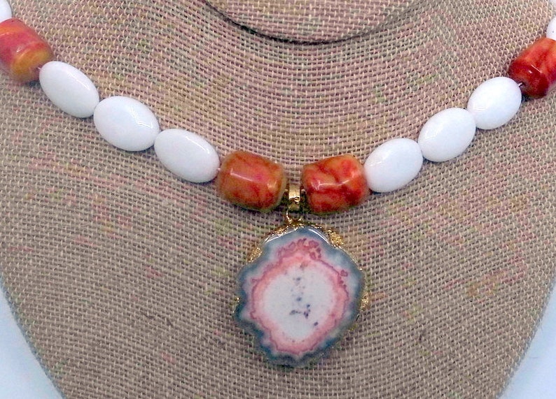 Beaded Necklace With Stone Brutalist Pendant And Carved Coral Accents Long Red And White And Grey image 4