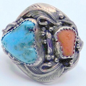 Old Pawn Navajo Turquoise And Coral Sterling Men's Ring Size 11 Signed Amazing Inside And Out image 2