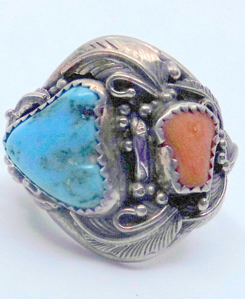 Old Pawn Navajo Turquoise And Coral Sterling Men's Ring Size 11 Signed Amazing Inside And Out image 2