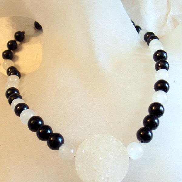 Geode Drusy Druzy Crystal Black and White Choker - Onyx And White Jade - One of a Kind