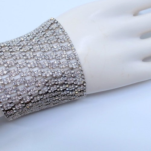 Vintage WIDE Rhinestone Bracelet - 9 Rows - Wedding Bracelet shops - Near Mint - Art Deco - Signed - Small Wrist - 6.0 - 2.5 Inches Wide