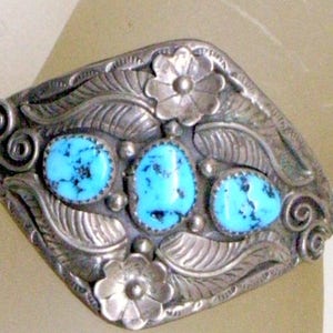 SALE Vintage Navajo Bracelet - Kingman Turquoise - Sterling Silver - Squash Blossom - Wide Cuff