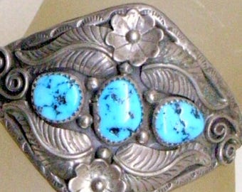 Bracelet Navajo vintage - Turquoise Kingman - Argent sterling - Fleur de courge - Manchette large