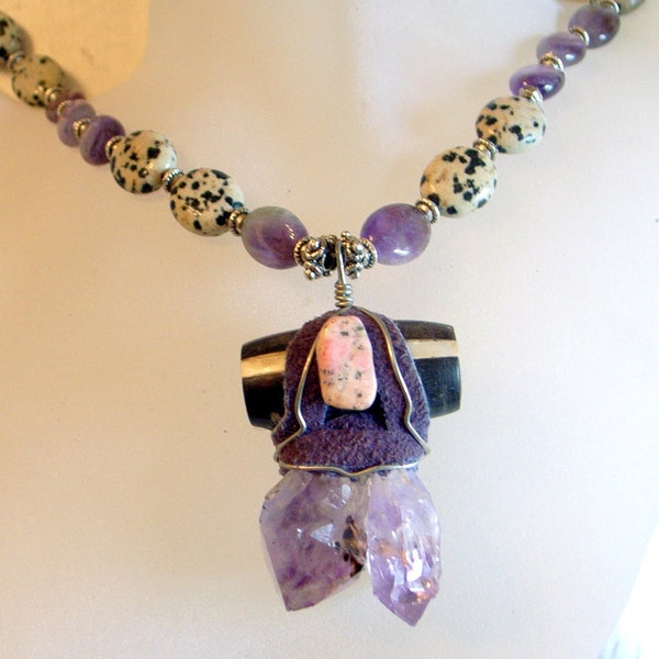 Boho Amethyst Necklace - Modernist One Of A Kind Samurai Necklace- Tribal Rough Cut  Genuine Amethyst