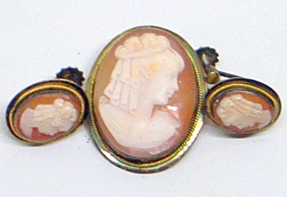 Victorian Sterling Cameo Pin Pendant And Earrings… - image 1
