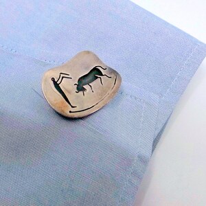 Vintage Mid Century Modern Petroglyph Cufflinks And Clip/Pendant - Sterling Silver - 1950&#39;s - Great For Groom Wedding Gift BIG - Taurus