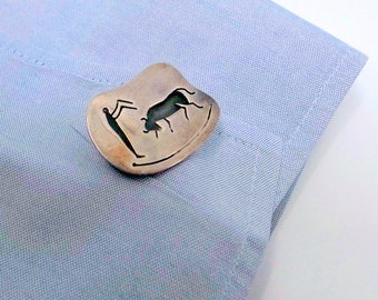 Vintage Mid Century Modern Petroglyph Cufflinks And Clip/Pendant - Sterling Silver - 1950's - Great For Groom Wedding Gift BIG - Taurus