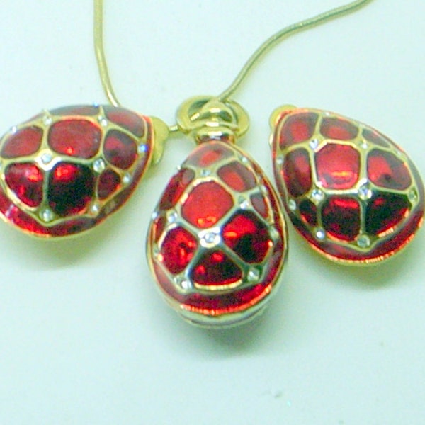 Vintage Sterling Egg Necklace And Earrings - Red Guilloche' Enamel  - Faberge - Danecraft - Clip Earrings - Easter -  Mother's Day