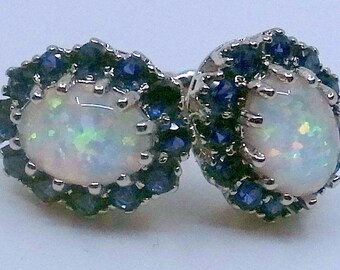 Lovely Opal Earrings - Quality Set in Silver - Surrounded By Blue Stones - Elegant Earrings