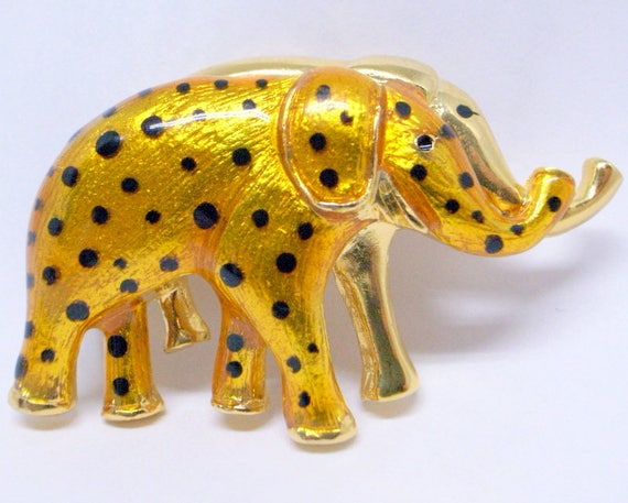 Vintage Elephant Pendant And Brooch -Big Gold Ena… - image 1