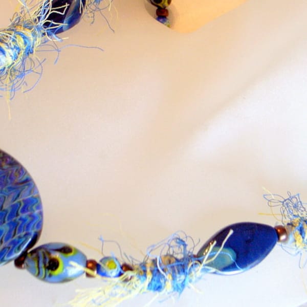 Blue Murano Glass Necklace - One Of A Kind - Unique Hairy Silk Beads - Handmade Blue Swirl Glass - 24 Inches or 61cm