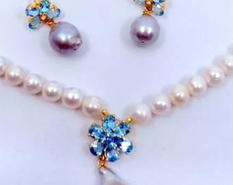 Beautiful Wedding Pearls And Earrings With Swiss Blue Topaz Flower - Baroque Pearl Dangles - Queen Victoria