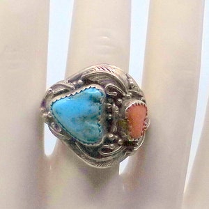 Size 11 - Men&#39;s Old Pawn Navajo Turquoise And Coral Sterling Ring - Size 11 -Signed - Amazing Inside And Out - Gift For Him