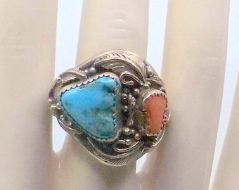 Old Pawn Navajo Turquoise And Coral Sterling Men's Ring - Size 11 -Signed - Amazing Inside And Out