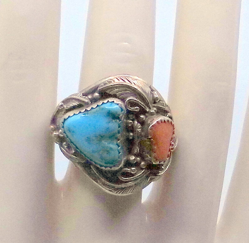 Old Pawn Navajo Turquoise And Coral Sterling Men's Ring Size 11 Signed Amazing Inside And Out image 1