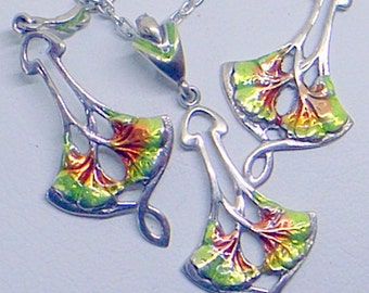 Enamel Art Nouveau Necklace And Earrings  - Ginko  - Sterling Silver - Green Orange Brown Guilloche' Enamel - Lovely - Dangle Earrings