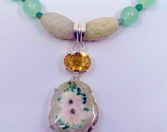 Spring Jade Necklace With BIG Citrine - Handmade - Gorgeous = Genuine Jade Statement Necklace