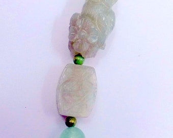 Vintage Carved Jade Netsuke Necklace - Genuine Jade Beads - Immortal Holding A Flower - Asymmetrical - Unisex - HAND CARVED
