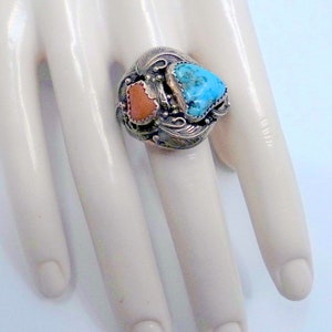 Old Pawn Navajo Turquoise And Coral Sterling Men's Ring Size 11 Signed Amazing Inside And Out image 4