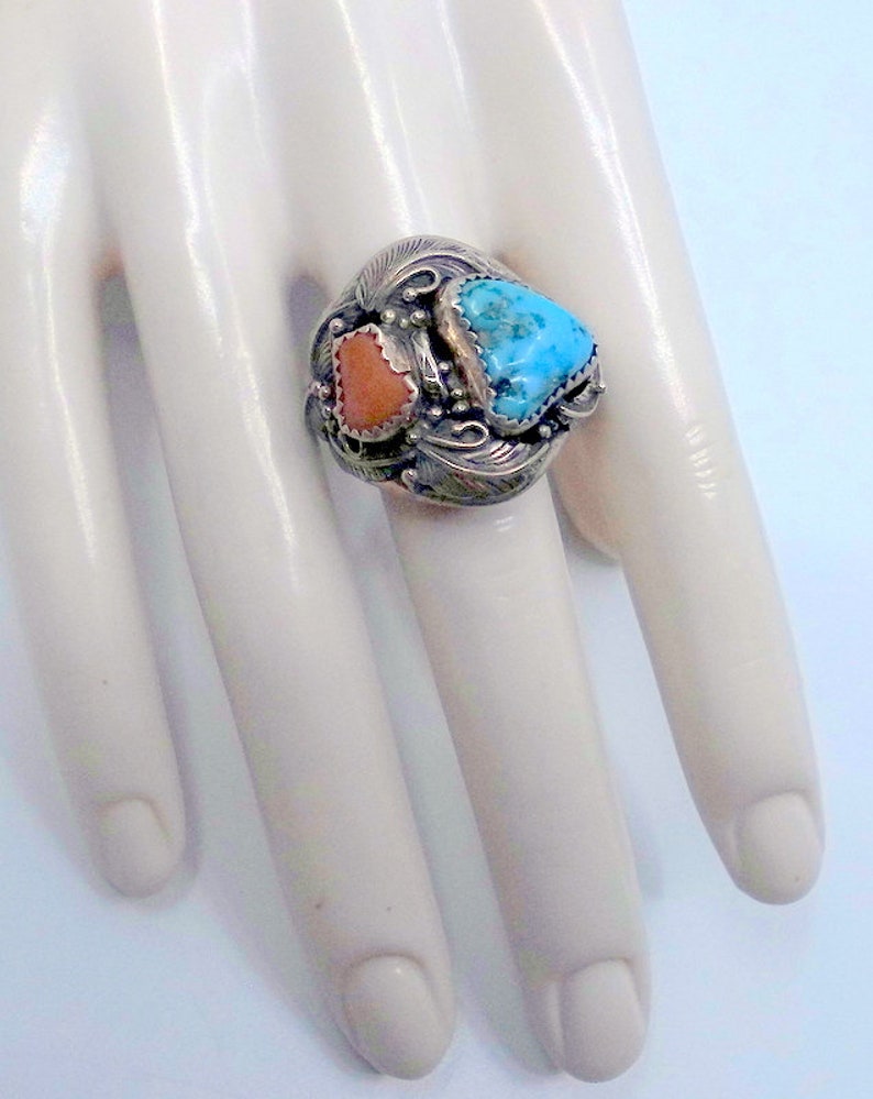 Old Pawn Navajo Turquoise And Coral Sterling Men's Ring Size 11 Signed Amazing Inside And Out image 4