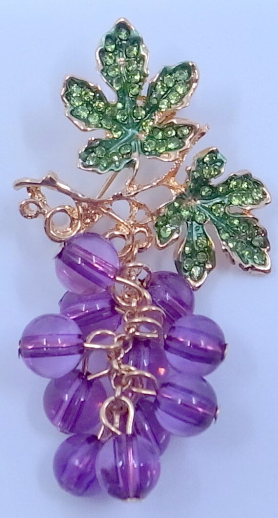 Dangling Grapes Brooch - Green Rhinestone Leaves -