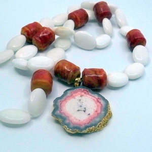 Beaded Necklace With Stone Brutalist Pendant And Carved Coral Accents Long Red And White And Grey image 8