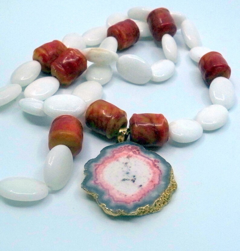 Beaded Necklace With Stone Brutalist Pendant And Carved Coral Accents Long Red And White And Grey image 8